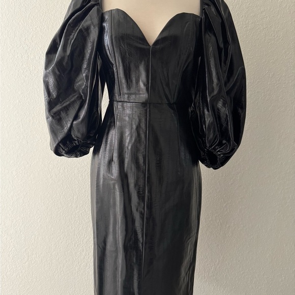 Rotate Birger Christensen Irina Faux Leather Knee Length Dress Puff Sleeves Sz 6 - Picture 8 of 12